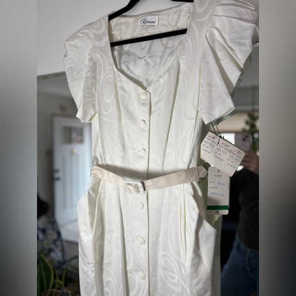 NWT VINTAGE Rimini 100% Cotton Belted White Patterned Button Up Midi Dress SZ 10 - Picture 2 of 8